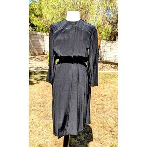 VTG Black Silk Charles Bianco Italian Collection Blouson Pleated Midi Dress EUC